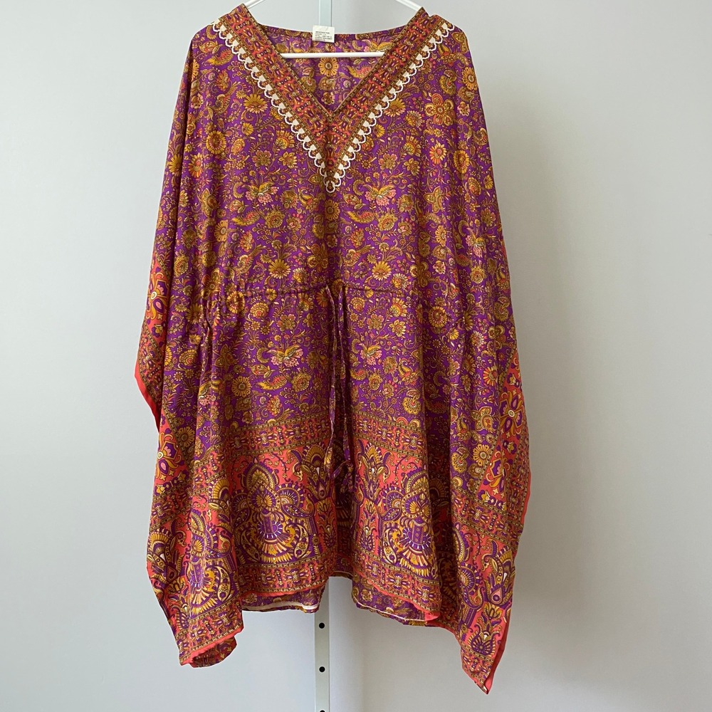 Fresca Boho Beachy Paisely Floral Kaftan Dress OS Purple Pink